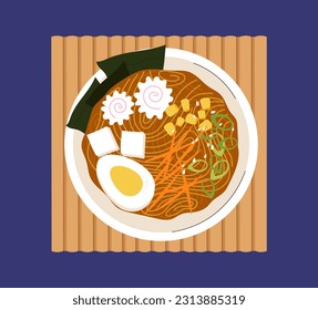 Ramen soup in bowl top view concept. Noodles with carrot, eggs and vegetables. Traditional Asian Korean cuisine. Homemade eating. Cartoon flat vector illustration isolated on blue background