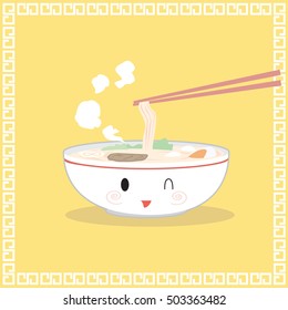 ramen soup egg chives yellow background.