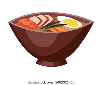 Ramen soup with egg, meat, fish, and isolated objects. Asian food for restaurant cafes and print menus