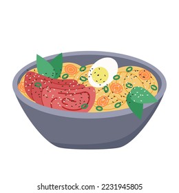Ramen soup with egg noodles egg and meat isolated object. Asia cuisine vector illustration. Traditional Japanese soup