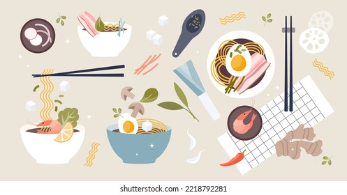 Ramen soup elements with food sticks bowls and ingredients tiny person set. Asian traditional meal with chopsticks vector illustration. Japanese noodle dish with broth, soy sauce, miso and pork meat.