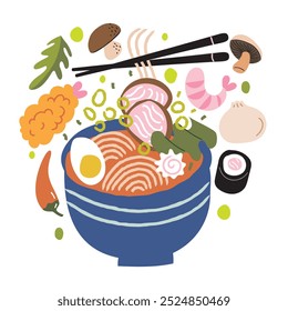 Ilustración plana de sopa de ramen con fideos, huevos, carne, camarones, gambas tempura, champiñones, bolas de masa, verduras en una Ilustración vectorial de tazón. Comida japonesa, coreana, asiática aislada sobre fondo blanco.