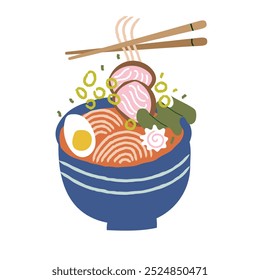 Ramen soup flat illustration with noodles, eggs, meat, and vegetables in a bowl vector illustration. Japanese, Korean, Asian food isolated on white background.