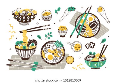 Ramen soup hand drawn vector illustrations set. Traditional oriental dish, noodles bowls with chopsticks. National japanese cuisine restaurant menu design elements. Eastern food, delicious dinner.