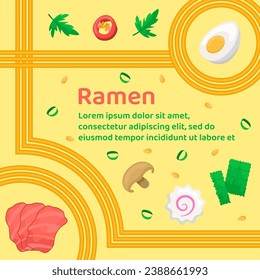 Ramen soup with meat, egg, mushrooms, kamaboko, pepper, nori and geometric wavy lines of noodles. Instant noodle, pasta and spaghetti. Japanese, Chinese wavy background. Template for menu, card, ad