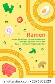 Ramen soup with meat, egg, mushrooms, kamaboko, pepper, nori and geometric wavy lines of noodles. Asian instant noodle, pasta or spaghetti. Japanese, Chinese wavy template for poster, menu, card, ad