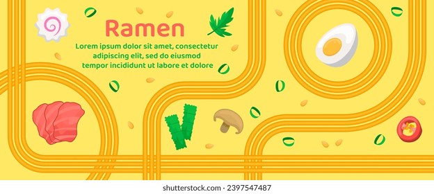 Ramen soup with meat, egg, mushrooms, kamaboko, pepper, nori and geometric wavy lines of noodles. Asian instant noodle, pasta and spaghetti. Japanese, Chinese wavy template for banner, menu, card, ad