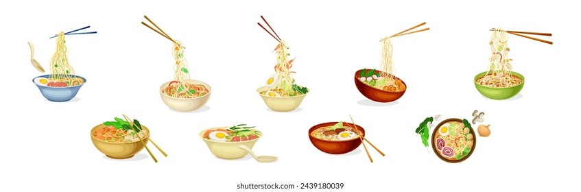 Ramen Soup Noodles Bowl as Asian Traditional Cuisine Dish Vector Set