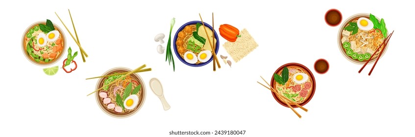 Ramen Soup Noodles Bowl as Asian Traditional Cuisine Dish Vector Set