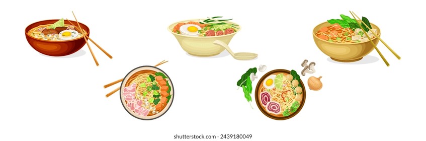 Ramen Soup Noodles Bowl as Asian Traditional Cuisine Dish Vector Set