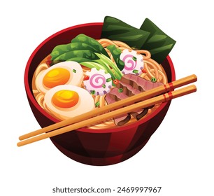 Sopa de ramen con fideos, huevos, carne y verduras en una Ilustración vectorial de tazón. Comida japonesa aislada sobre fondo blanco