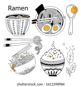 Ramen soup noodles hand drawn vector illustrations set. Traditional oriental dish, noodles bowls with chopsticks. National japanese cuisine restaurant menu design elements. Eastern food, delicious din