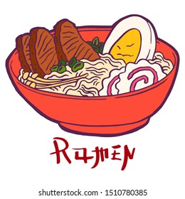 Ramen soup with noodles, pork meat, green onions, enoki mushrooms, boiled egg and narutomaki in a red bowl. Traditional japanese, korean and chinese fast food. Vintage retro style. Isolated clipart