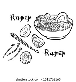 Ramen soup with noodles, pork meat, green onions, enoki mushrooms, boiled egg and narutomaki in a bowl. Traditional japanese, korean and chinese fast food. Vintage retro style. Isolated clipart