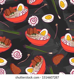 Ramen soup with noodles, pork meat, green onions, enoki mushrooms, boiled egg and narutomaki in a red bowl. Traditional japanese, korean and chinese fast food. Vintage retro style. Seamless background