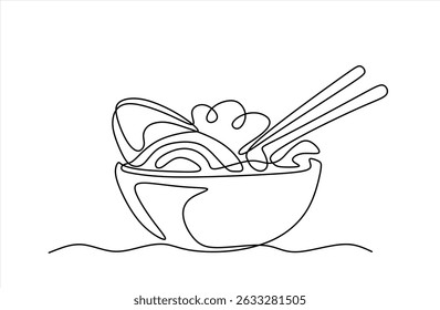 Ramen soup noodles vector banner, background. One continuous line art drawing banner. Editable stroke.	