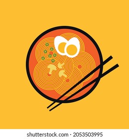 Ramen soup on a yellow background. Asian cuisine concept. Can be used as an icon. Soup with pasta broth, eggs, mushrooms and green onions.