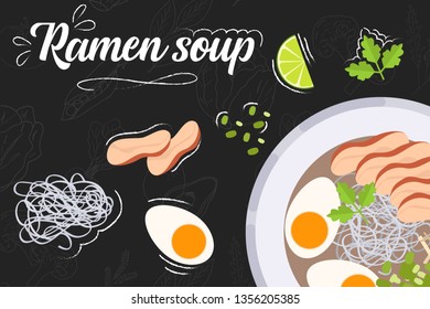 Ramen soup recipe. Cooking soup with ingredients. Flat style illustration. Vector illustration.