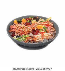 Ramen soup with red lime noodles with prunes and snake meat realistic 3d vector graphic isolated white background for menu