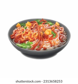 Ramen soup with red octopus noodles in spicy sauce with herbs realistic 3d vector graphic isolated white background for menu