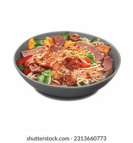 Ramen soup with rice noodles teriyaki sauce and meat cubes realistic 3d vector graphic isolated white background for menu