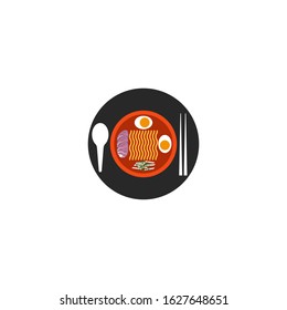 Ramen soup round logo in minimal style top view, japanese fastfood icon, a bowl with soup and all the ingredients sliced pork, noodles, eggs and herbs.
