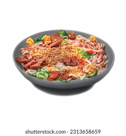 Ramen soup with square noodles duck meat sprinkled with breadcrumbs and spices realistic 3d vector graphic isolated white background for menu
