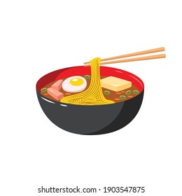 Ramen soup vector illustration. Cartoonish illustration of traditional Japanese ramen soup with noodles, boiled egg, miso sauce, pork, soy tofu and onion. Japanese cuisine, Japan culture, healthy food