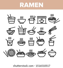 Ramen Spaghetti Food Collection Icons Set Vector Thin Line. Warm Ramen In Bowl And Carton Container With Sticks For Eating Nutrition Concept Linear Pictograms. Monochrome Contour Illustrations