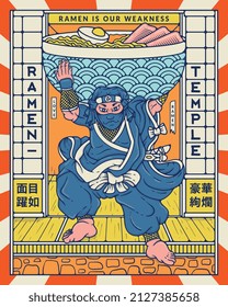 Ramen Temple ninja thief vector illustration with two Japanese proverbs. At the bottom left "with evident joy of having lived up to one's reputation". On the bottom right "luxurious and gorgeous"