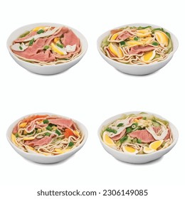 Ramen Temptations: A Web Icon and Delivery Menu Series of Four Exquisite Dishes. Elevate your online visibility and food delivery service with high-converting 3D vector graphics, presenting a culinary