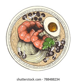 Ramen top view vector illustration. Asian food. Ramen hand drawn. Vintage vector illustration. Cartoon style.