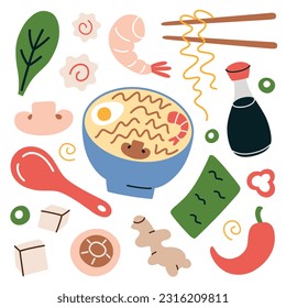 Colección a mano con tapones de ramen, íconos de doodle de verduras, mariscos, tofu, ilustraciones vectoriales de ingredientes de sopa de fideos, comer ramen con diferentes sabores, clíparte aislada de color