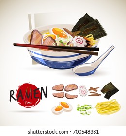 Ramen in traditional bowl with ingredient set. come with logotype or typographic for header design - vector illustration