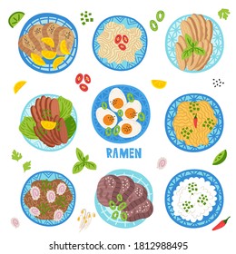 Ramen, udon, noodles in bowl on table. Top view. Vector illustration. Japanese soup, Ingredients in flat style. Asian food: miso, nori, rice, soybean sprouts, kamaboko, enoki, bok choy.