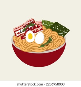 Ramen. Vector illustration. Delicious noodles. The national dish of Korea, Asia. Hot soup.