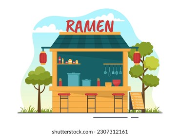 Ramen Vector Illustration of Japanese Food with Noodle, Chopsticks, Miso Soup, Egg Boiled and Grilled Nori in Flat Cartoon Hand Drawn Templates