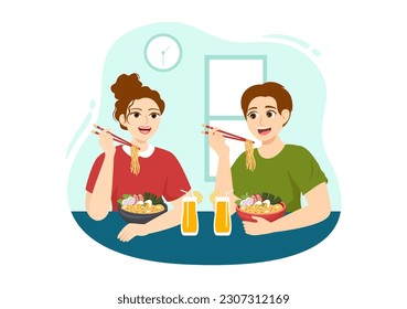 Ramen Vector Illustration of Japanese Food with Noodle, Chopsticks, Miso Soup, Egg Boiled and Grilled Nori in Flat Cartoon Hand Drawn Templates