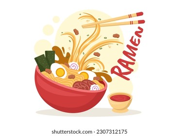 Ramen Vector Illustration of Japanese Food with Noodle, Chopsticks, Miso Soup, Egg Boiled and Grilled Nori in Flat Cartoon Hand Drawn Templates