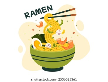 Ramen Vector Illustration of Japanese Food featuring Noodles, Chopsticks, Miso Soup, Boiled Egg, and Grilled Nori in a Flat Style Cartoon Background