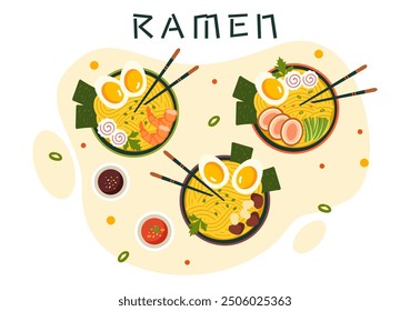 Ramen Vector Illustration of Japanese Food featuring Noodles, Chopsticks, Miso Soup, Boiled Egg, and Grilled Nori in a Flat Style Cartoon Background