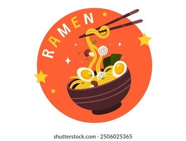 Ramen Vector Illustration of Japanese Food featuring Noodles, Chopsticks, Miso Soup, Boiled Egg, and Grilled Nori in a Flat Style Cartoon Background