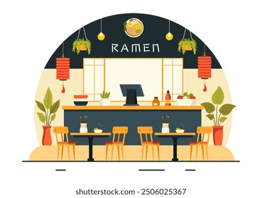 Ramen Vector Illustration of Japanese Food featuring Noodles, Chopsticks, Miso Soup, Boiled Egg, and Grilled Nori in a Flat Style Cartoon Background