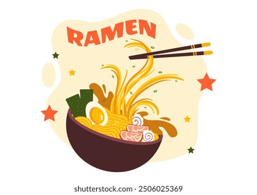 Ilustración vectorial de comida japonesa con fideos, palillos, sopa de Miso, huevo hervido y Nori a la parrilla en un fondo de dibujos animados de estilo plano