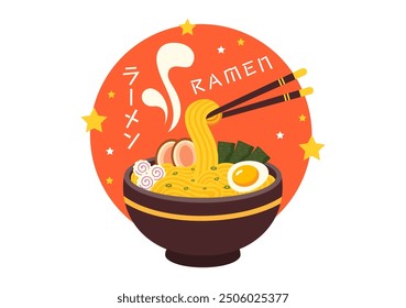 Ramen Vector Illustration of Japanese Food featuring Noodles, Chopsticks, Miso Soup, Boiled Egg, and Grilled Nori in a Flat Style Cartoon Background