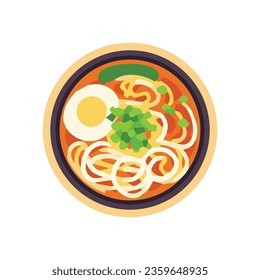 Ramen vector illustration top view, flat ramen noodle soup with boiled egg and leek toppings vector art isolated on a white background