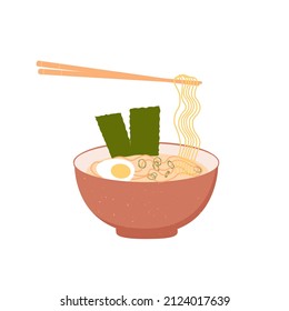 Ramen vector stock illustration. Delicious noodles. The national dish of Korea. Asia. Isolated on a white background. Chinese chopsticks. Hot soup.