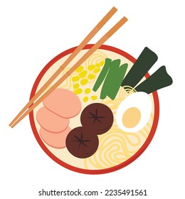 Ramen vector stock illustration. Delicious noodles. The national dish of Korea. Asia. Isolated on a white background. Chinese chopsticks. Hot soup.