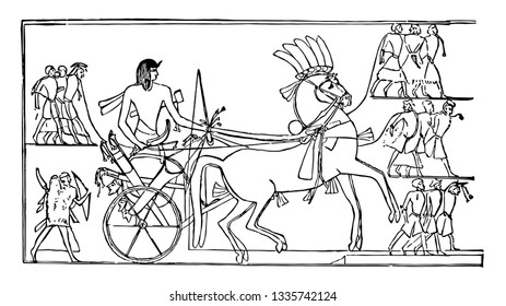 Ramesses II Returning From Syria is an Egyptian hieroglyphic depicting Ramesses, vintage line drawing or engraving illustration.