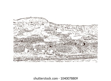 The Ramesseum is the memorial temple of Pharaoh Ramesses II. It is located in the Theban necropolis in Upper Egypt. Hand drawn sketch illustration in vector.